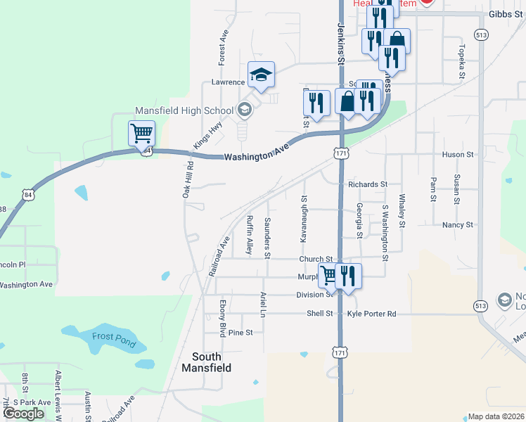 map of restaurants, bars, coffee shops, grocery stores, and more near 107 Saunders Street in Mansfield