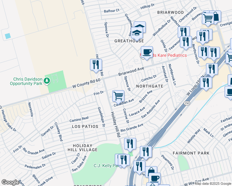map of restaurants, bars, coffee shops, grocery stores, and more near 5311 Briarwood Avenue in Midland