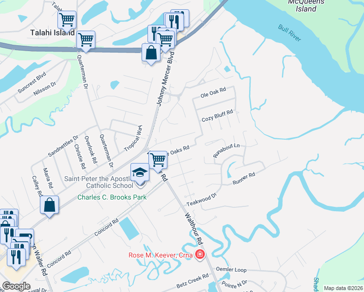 map of restaurants, bars, coffee shops, grocery stores, and more near 7408 Mayer Avenue in Savannah