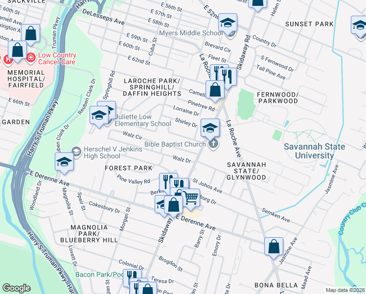 map of restaurants, bars, coffee shops, grocery stores, and more near 2357 Ranchland Drive in Savannah