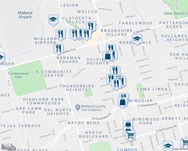 map of restaurants, bars, coffee shops, grocery stores, and more near 420 West Spruce Avenue in Midland