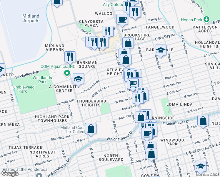 map of restaurants, bars, coffee shops, grocery stores, and more near 420 West Spruce Avenue in Midland