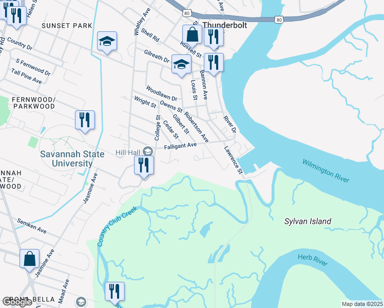 map of restaurants, bars, coffee shops, grocery stores, and more near 3228 Falligant Avenue in Savannah