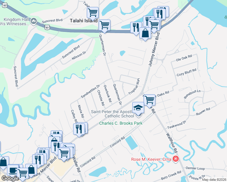 map of restaurants, bars, coffee shops, grocery stores, and more near 214 Quarterman Drive in Savannah