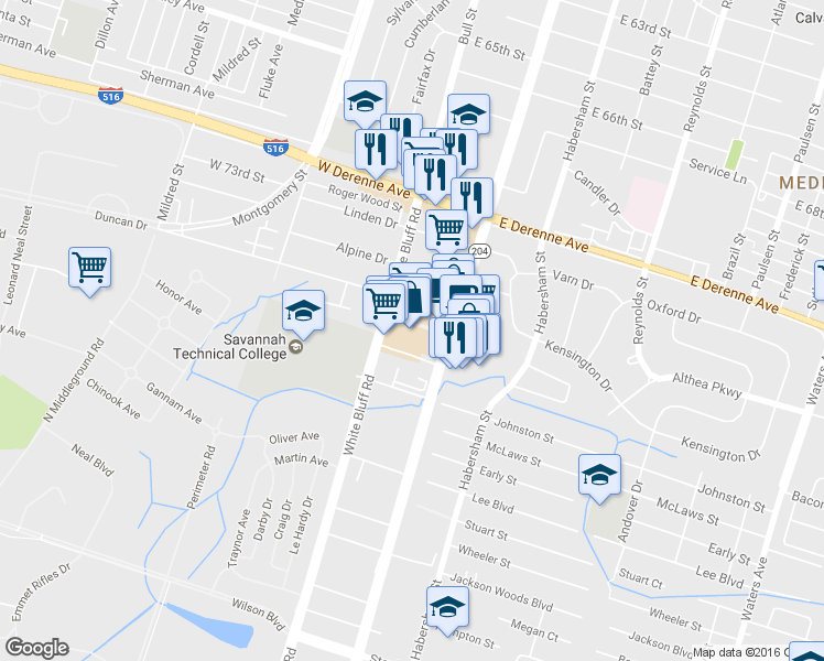 map of restaurants, bars, coffee shops, grocery stores, and more near 5711 White Bluff Road in Savannah