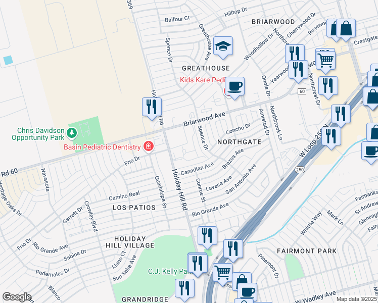 map of restaurants, bars, coffee shops, grocery stores, and more near 5311 Briarwood Avenue in Midland