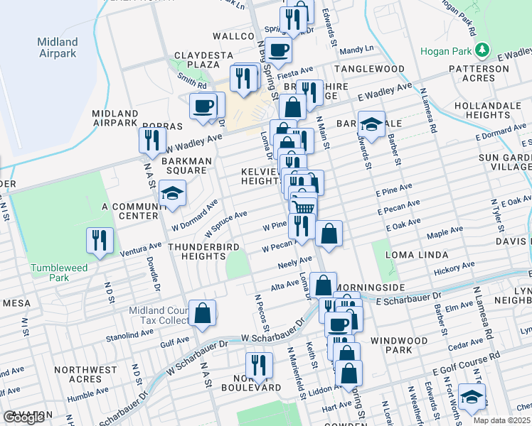 map of restaurants, bars, coffee shops, grocery stores, and more near 404 West Spruce Avenue in Midland