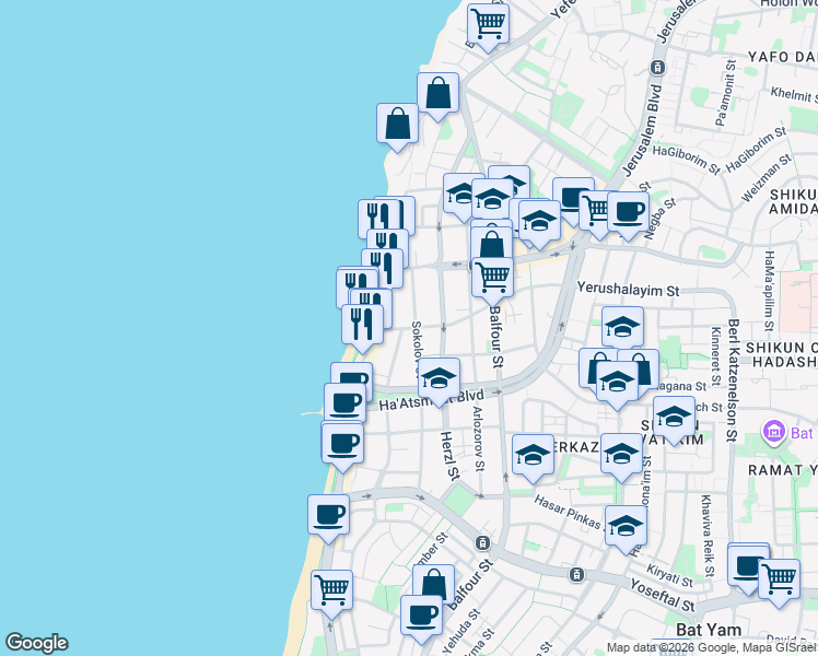map of restaurants, bars, coffee shops, grocery stores, and more near 169 Jaffa Street in Jerusalem
