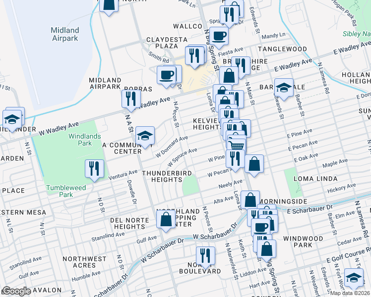 map of restaurants, bars, coffee shops, grocery stores, and more near 2806A North Pecos Street in Midland