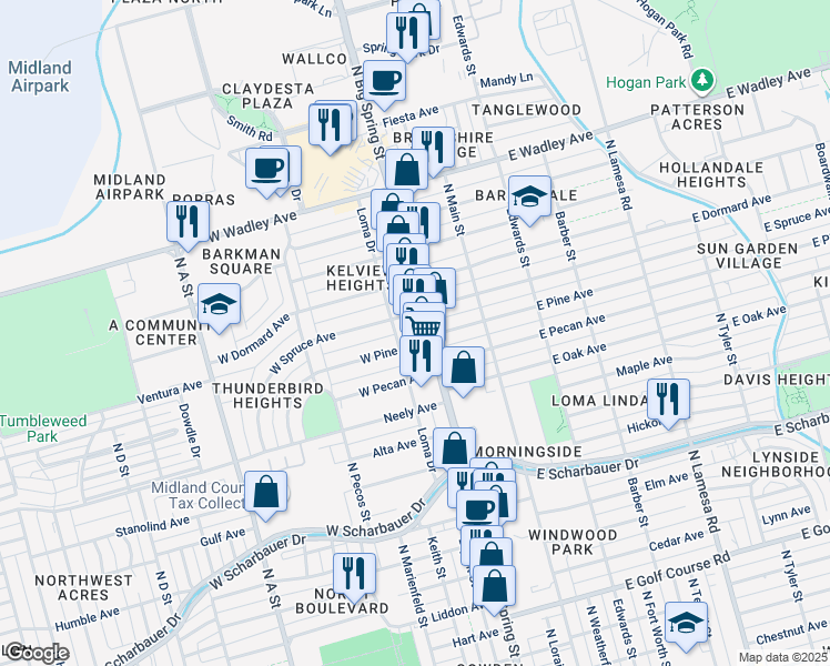 map of restaurants, bars, coffee shops, grocery stores, and more near 2811 North Big Spring Street in Midland