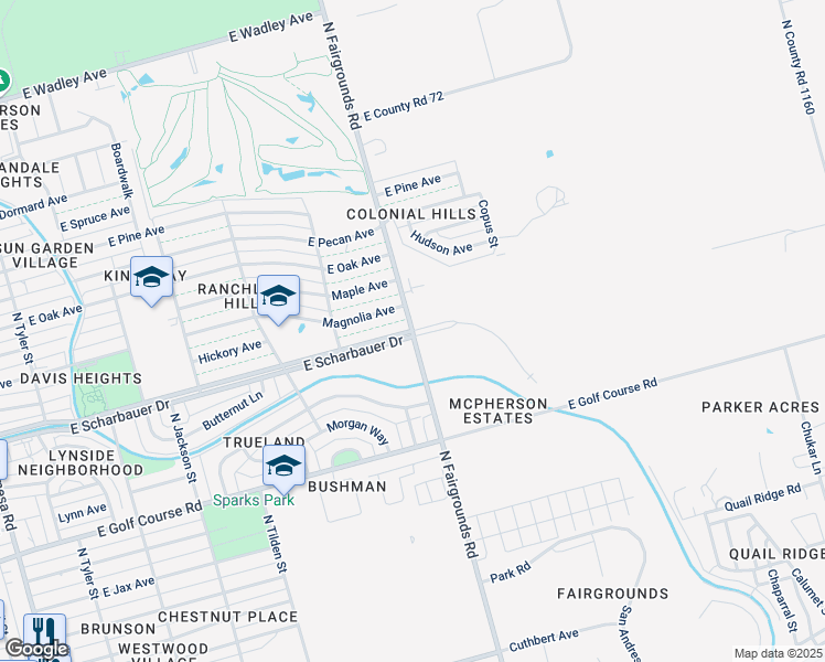map of restaurants, bars, coffee shops, grocery stores, and more near 2300 North Fairgrounds Road in Midland