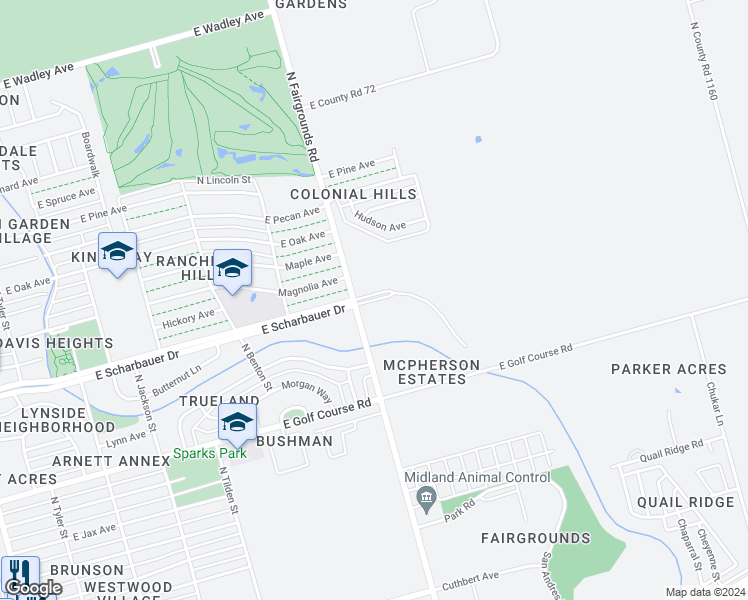 map of restaurants, bars, coffee shops, grocery stores, and more near 2204 North Fairgrounds Road in Midland