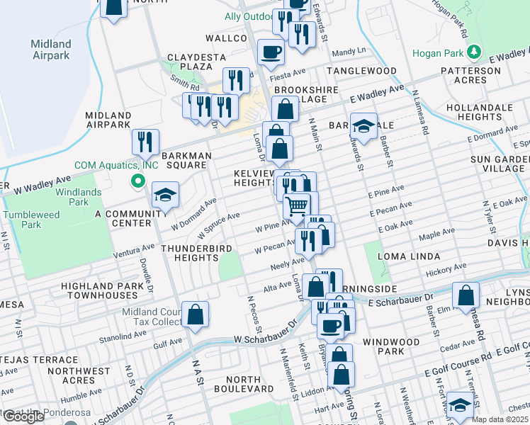 map of restaurants, bars, coffee shops, grocery stores, and more near 404 West Spruce Avenue in Midland