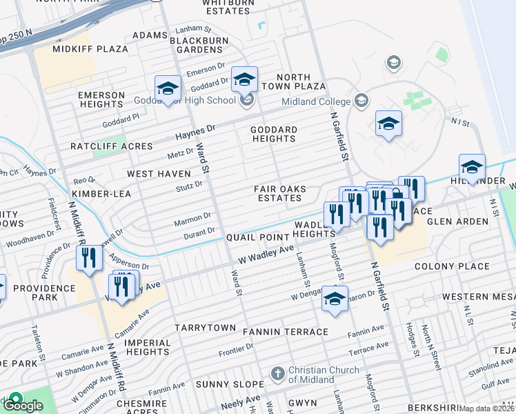 map of restaurants, bars, coffee shops, grocery stores, and more near 8 Chatham Court in Midland