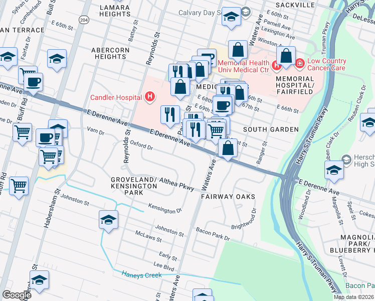map of restaurants, bars, coffee shops, grocery stores, and more near 701 East DeRenne Avenue in Savannah