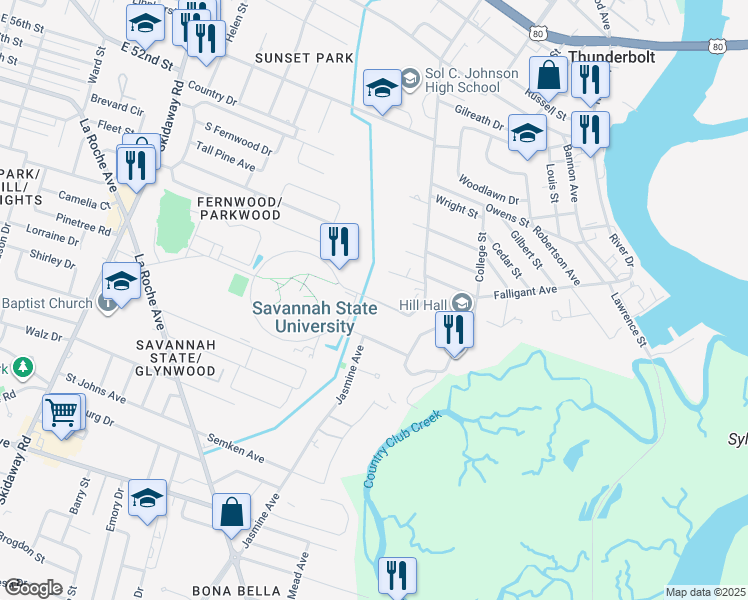 map of restaurants, bars, coffee shops, grocery stores, and more near North Tompkins Road in Thunderbolt