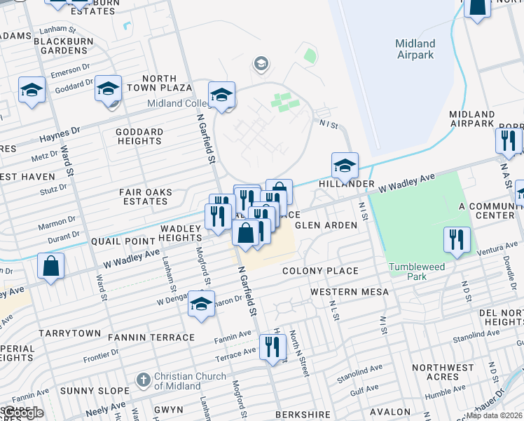 map of restaurants, bars, coffee shops, grocery stores, and more near 2100 West Wadley Avenue in Midland