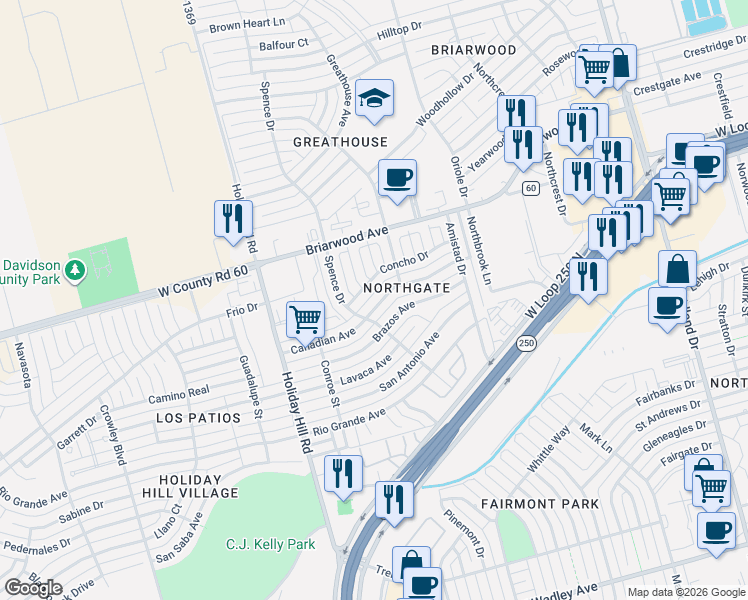 map of restaurants, bars, coffee shops, grocery stores, and more near 5108 Canadian Avenue in Midland