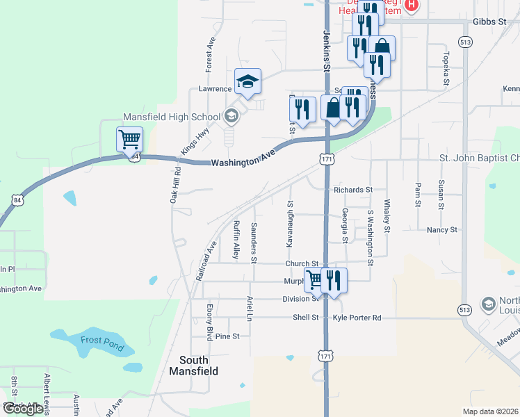 map of restaurants, bars, coffee shops, grocery stores, and more near 107 Saunders Street in Mansfield