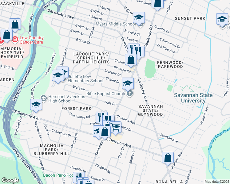 map of restaurants, bars, coffee shops, grocery stores, and more near 2357 Ranchland Drive in Savannah