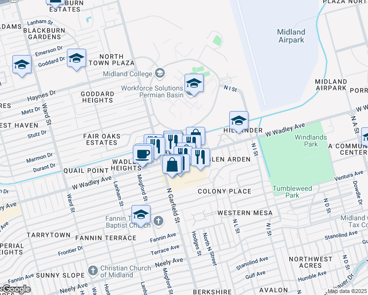 map of restaurants, bars, coffee shops, grocery stores, and more near 2100 West Wadley Avenue in Midland