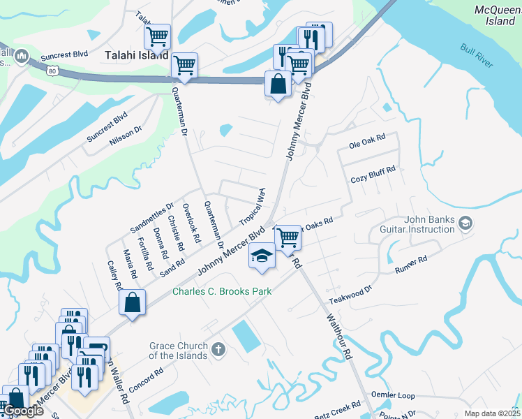 map of restaurants, bars, coffee shops, grocery stores, and more near 7215 Tropical Way in Savannah