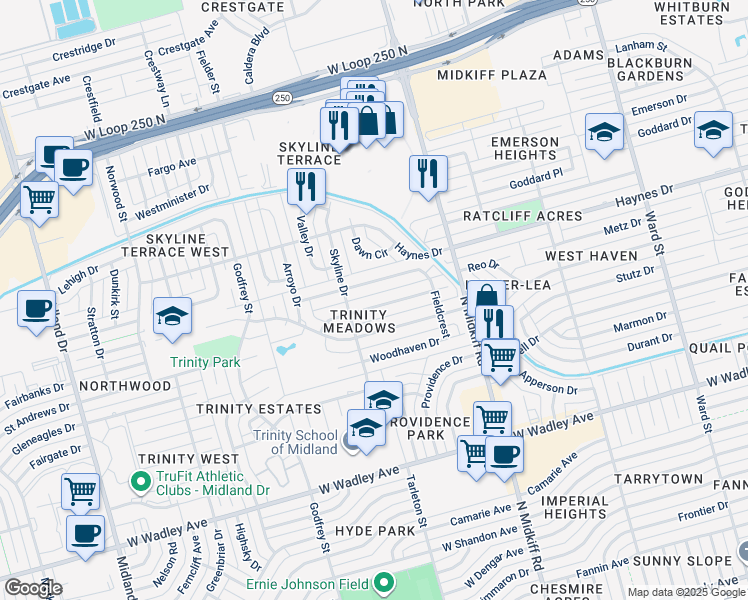 map of restaurants, bars, coffee shops, grocery stores, and more near 3504 Trinity Meadows Drive in Midland