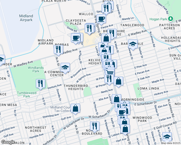 map of restaurants, bars, coffee shops, grocery stores, and more near 420 West Spruce Avenue in Midland