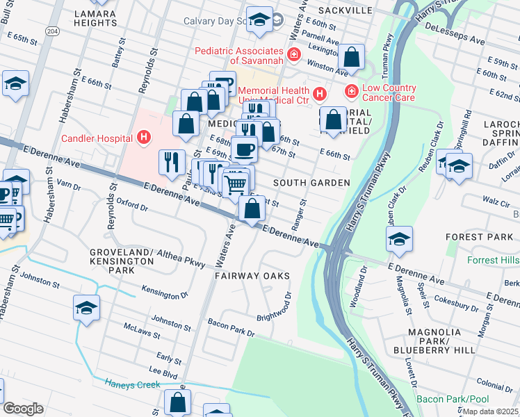 map of restaurants, bars, coffee shops, grocery stores, and more near 1114 East 72nd Street in Savannah