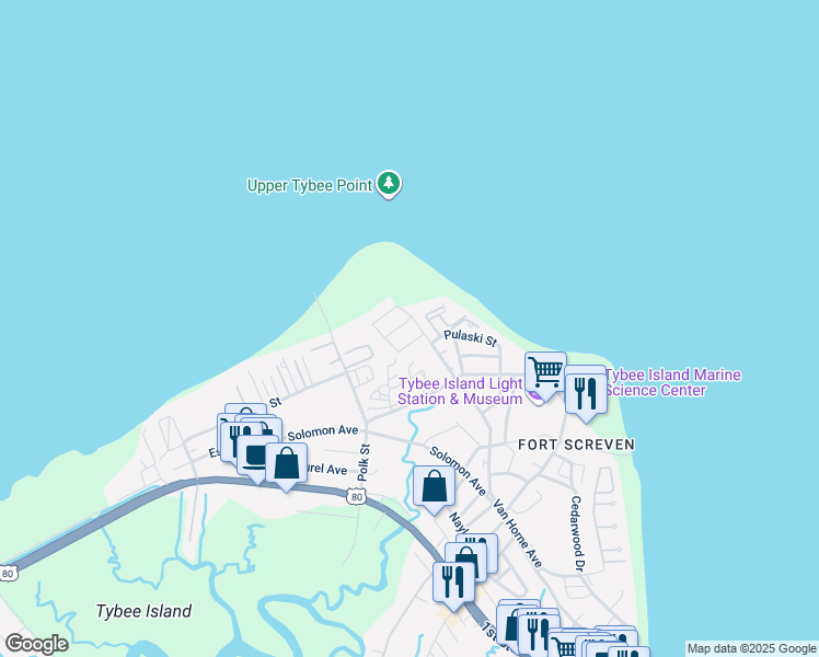 map of restaurants, bars, coffee shops, grocery stores, and more near 9 Sea Breeze Lane in Tybee Island