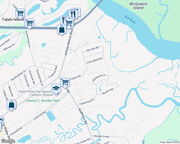 map of restaurants, bars, coffee shops, grocery stores, and more near 24 Highpoint Court in Savannah