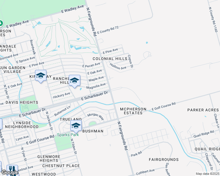 map of restaurants, bars, coffee shops, grocery stores, and more near 2204 North Fairgrounds Road in Midland