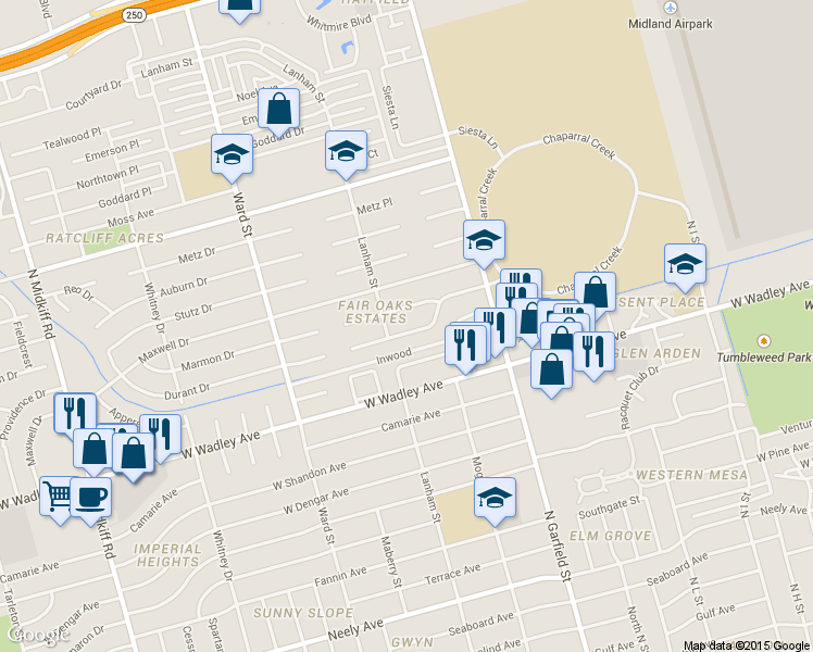 map of restaurants, bars, coffee shops, grocery stores, and more near 2406 Culpeper Dr in Midland