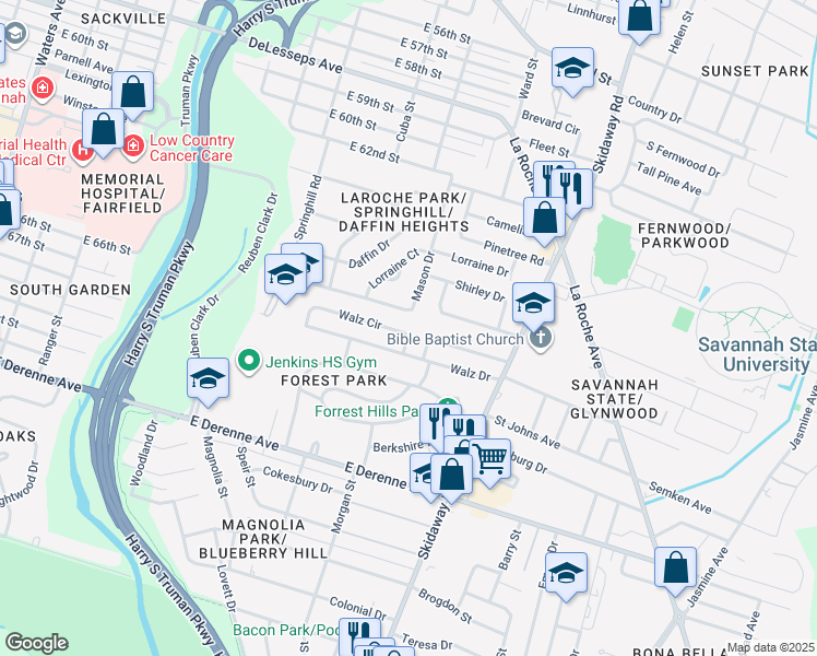 map of restaurants, bars, coffee shops, grocery stores, and more near 138 Walz Circle in Savannah