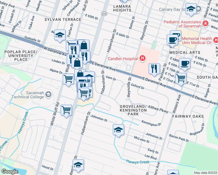 map of restaurants, bars, coffee shops, grocery stores, and more near 5529 Camelot Drive in Savannah