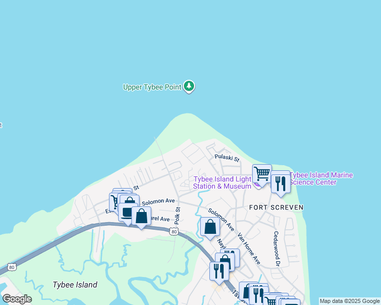map of restaurants, bars, coffee shops, grocery stores, and more near 9 Sea Breeze Lane in Tybee Island