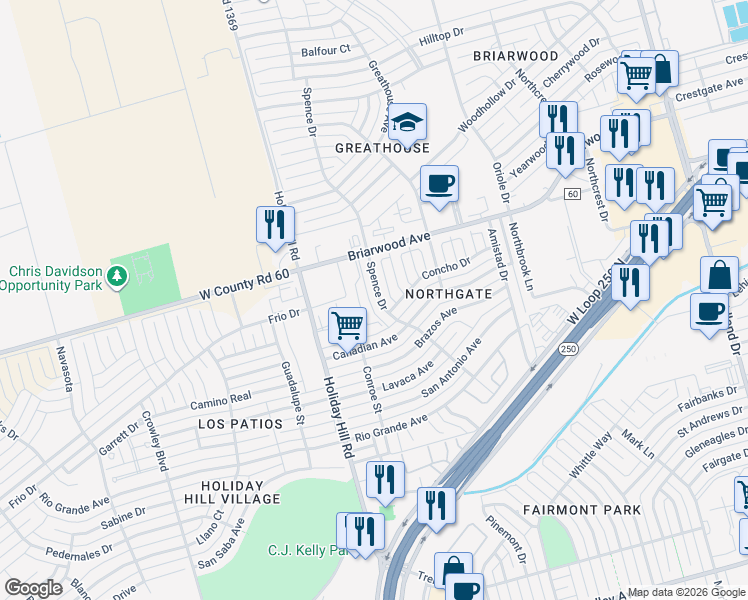 map of restaurants, bars, coffee shops, grocery stores, and more near 4402 Spence Dr in Midland