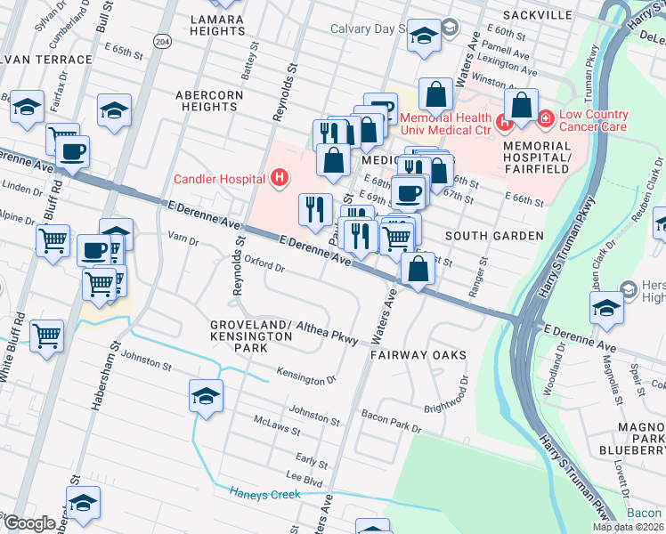 map of restaurants, bars, coffee shops, grocery stores, and more near 701 East DeRenne Avenue in Savannah