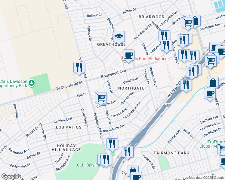 map of restaurants, bars, coffee shops, grocery stores, and more near 4402 Spence Drive in Midland