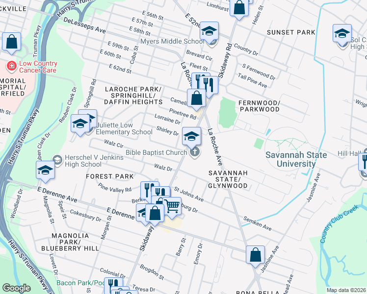 map of restaurants, bars, coffee shops, grocery stores, and more near in Savannah