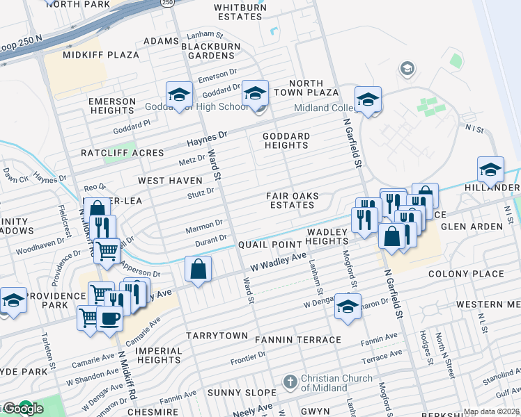 map of restaurants, bars, coffee shops, grocery stores, and more near 8 Chatham Court in Midland