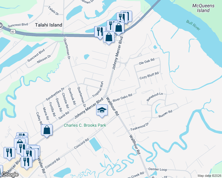 map of restaurants, bars, coffee shops, grocery stores, and more near 7306 Mayer Avenue in Savannah