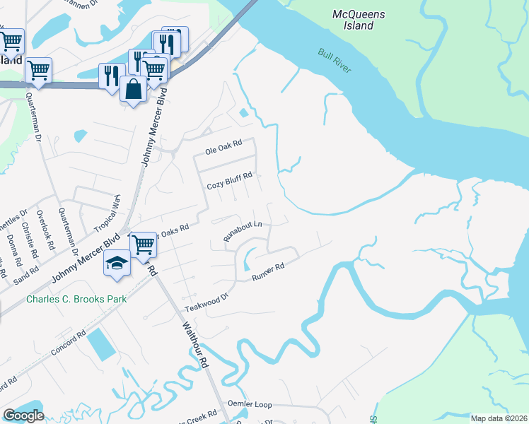 map of restaurants, bars, coffee shops, grocery stores, and more near 207 Fish Hawk Lane in Savannah