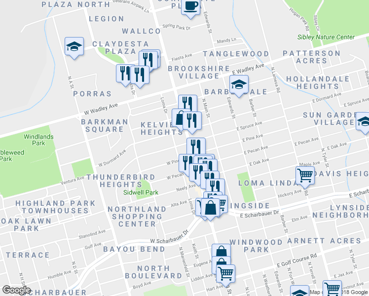 map of restaurants, bars, coffee shops, grocery stores, and more near 2811 North Big Spring Street in Midland