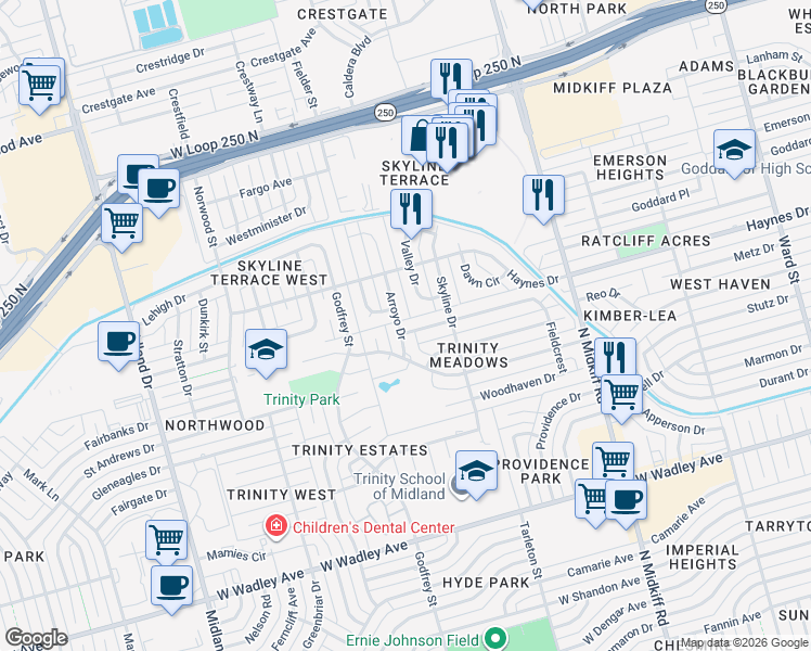 map of restaurants, bars, coffee shops, grocery stores, and more near 3610 Meadowridge Lane in Midland