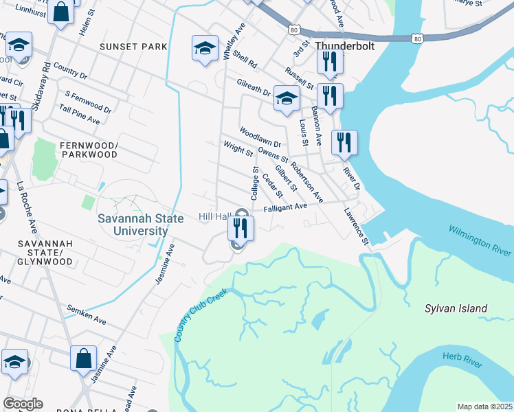 map of restaurants, bars, coffee shops, grocery stores, and more near 3202 Falligant Avenue in Savannah