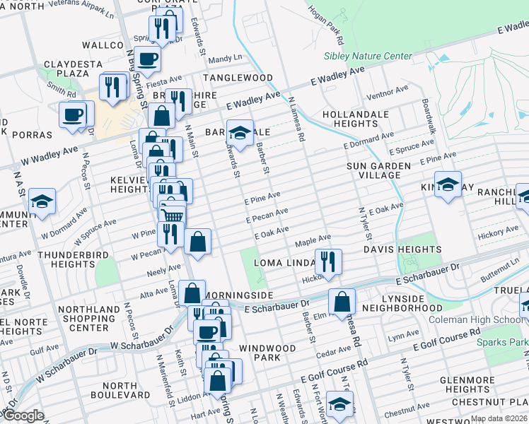map of restaurants, bars, coffee shops, grocery stores, and more near 309 East Pecan Avenue in Midland