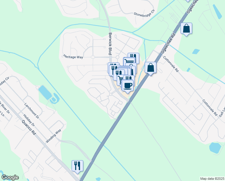 map of restaurants, bars, coffee shops, grocery stores, and more near 157 Reese Way in Savannah
