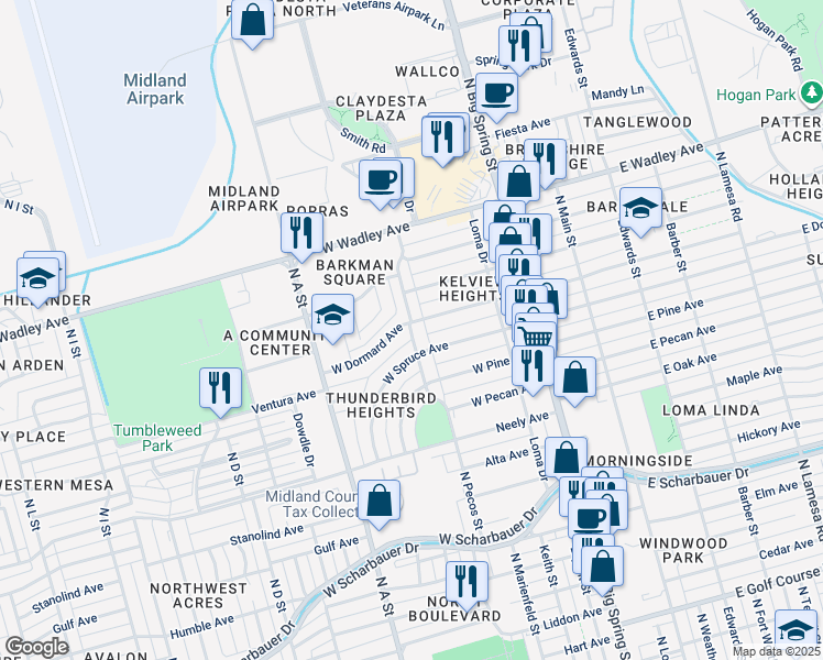 map of restaurants, bars, coffee shops, grocery stores, and more near 2806A North Pecos Street in Midland