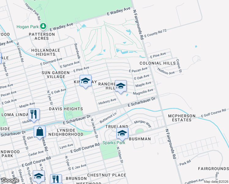 map of restaurants, bars, coffee shops, grocery stores, and more near 1700 East Magnolia Avenue in Midland